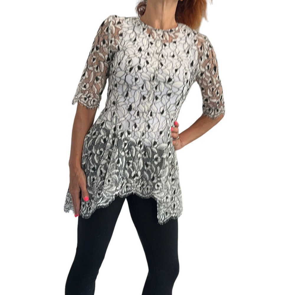 $1195 LELA ROSE LACE FLARE HEM Asymmetric Black Ivory guipure lace Flare TOP 6 - Picture 8 of 14